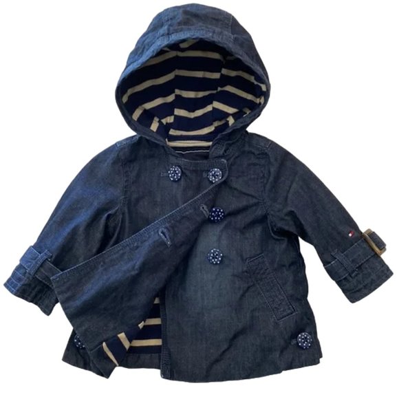 Tommy Hilfiger Baby Girls Hooded Denim Pea Coat Polka-Dot Buttons 6-9 Months - Picture 2 of 12